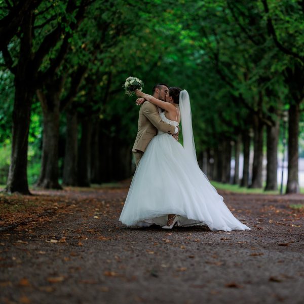 Schlosspark Bruchsal Brautpaar küsst sich in einer Allee im Schlosspark Bruchsal – Schlosspark Bruchsal